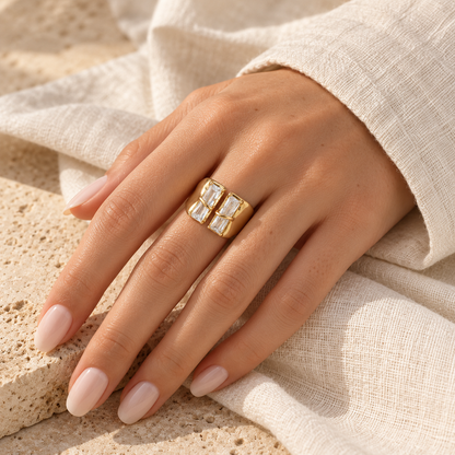 Dueto ring on hand with white manicure — digitally styled image