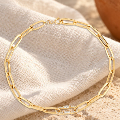 Elo baguette diamond link bracelet on cream linen