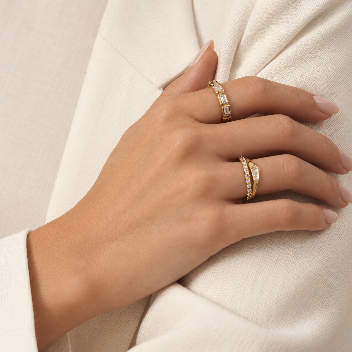Mosaico band worn with other rings, styled image; others sold separately