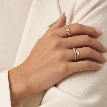 Mosaico band worn with other rings, styled image; others sold separately