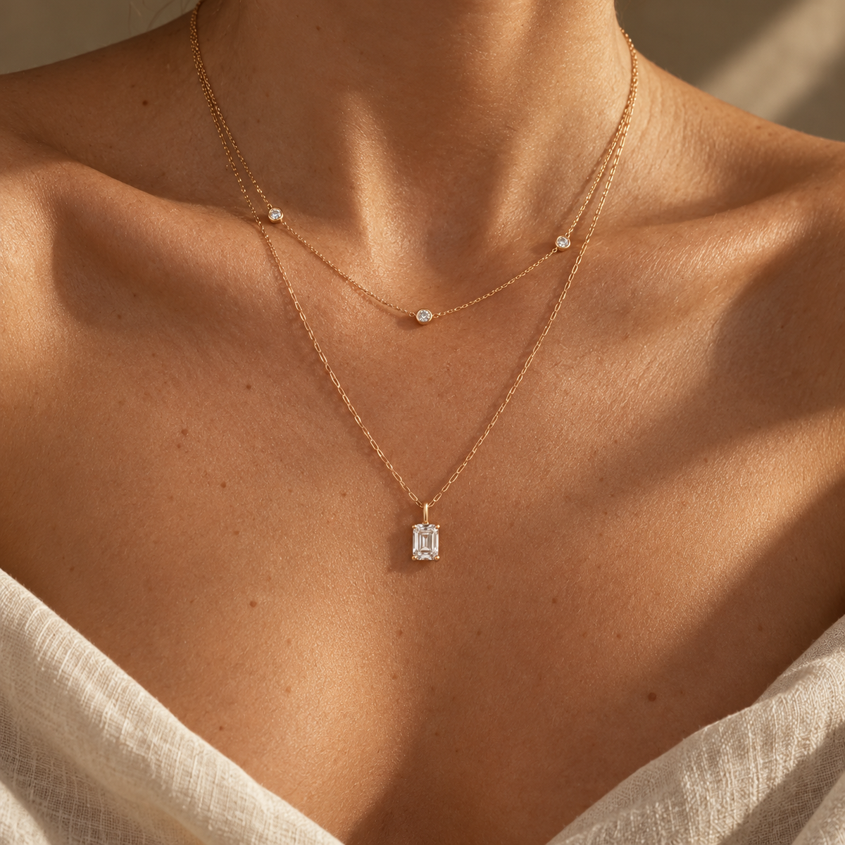 Pontos de Luz and Clara necklaces layered, styled image; sold separately