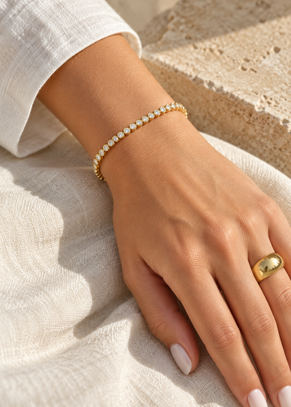 Round bezel CZ bracelet styled with Colina ring, sold separately — digitally styled illustration; fit varies